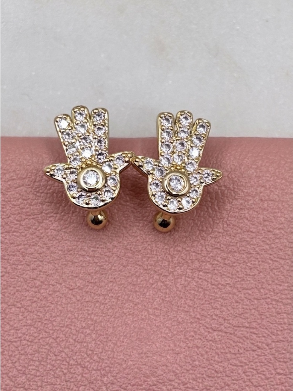 Gold Plated Hamsa Hand Cubic Zirconia Stud Earrings - Gold